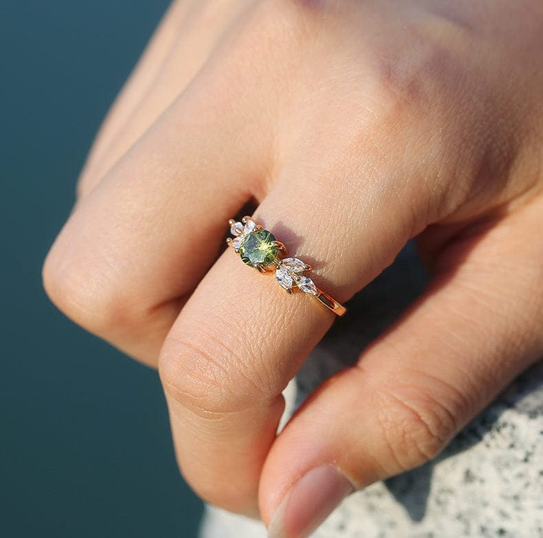 Green Peridot Gold Dainty Leaf Ring