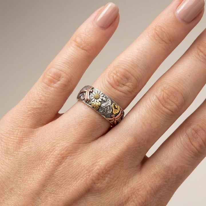 Handmade Dragonfly &amp; Sunflower Vintage Silver Ring