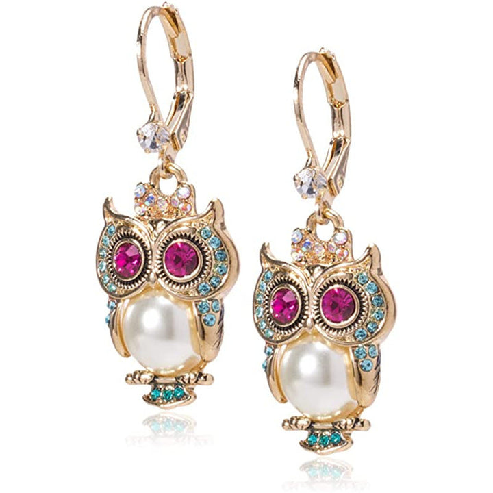 Vintage Owl Crystal Earrings – Gold-Plated, Hand-Set Crystals &amp; Pearl Detail
