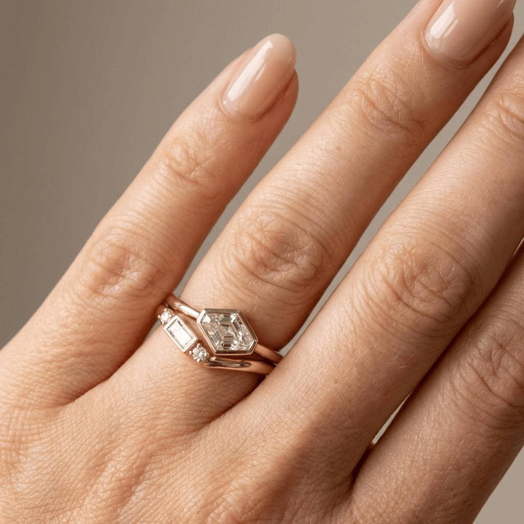 Geometric Diamond Gold Ring Set