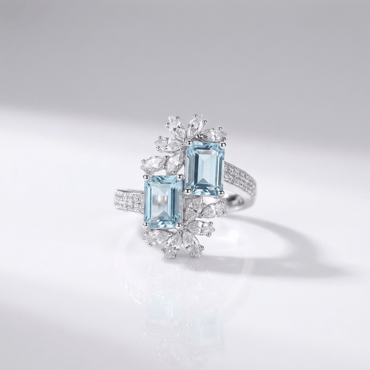 Aquamarine Crystal Silver Ring - (Adjustable)