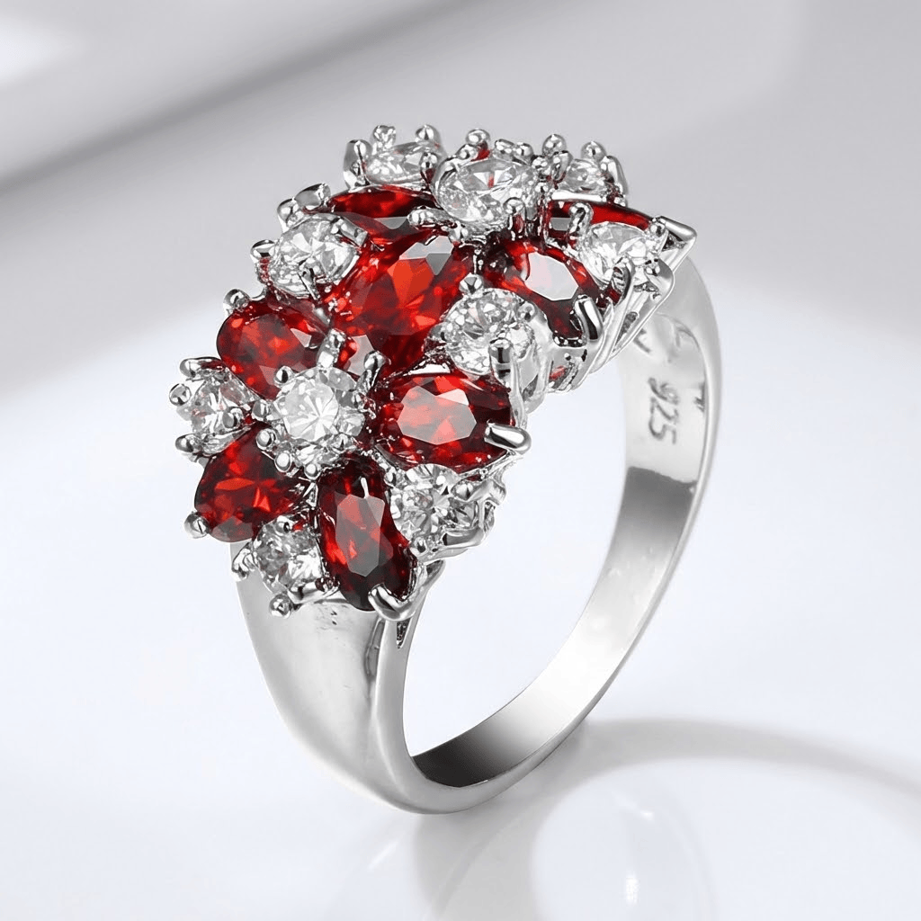 Red Garnet Cluster Silver Flower Ring