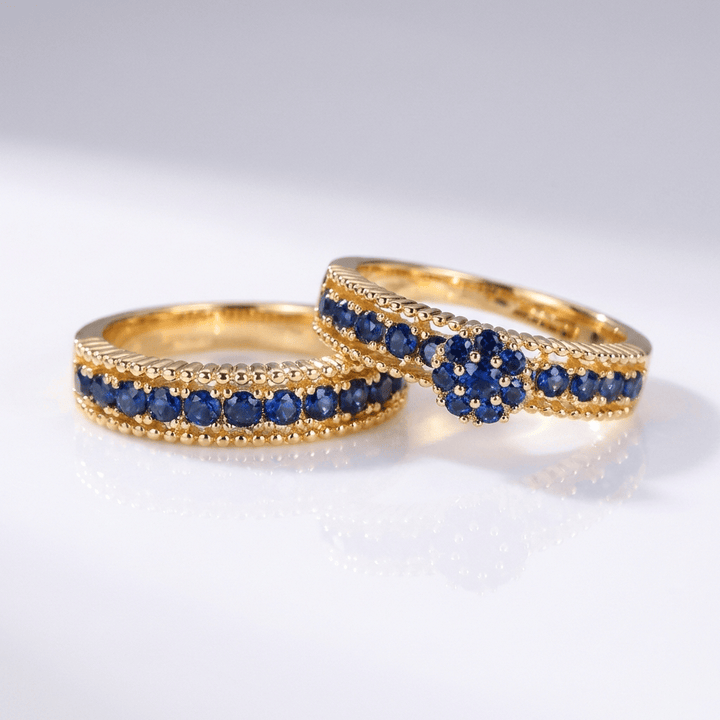 Blue Sapphire Gold Stacking Band Set