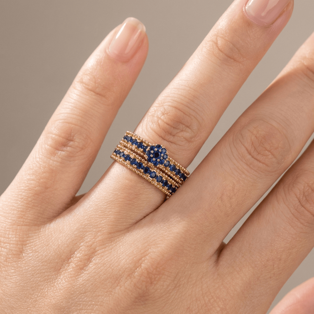 Blue Sapphire Gold Stacking Band Set