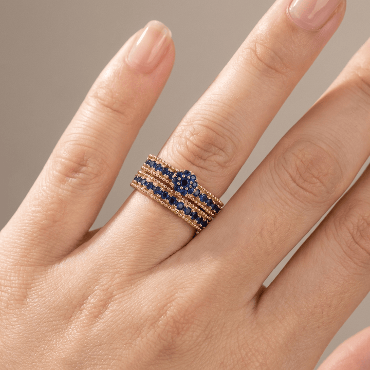 Blue Sapphire Gold Stacking Band Set