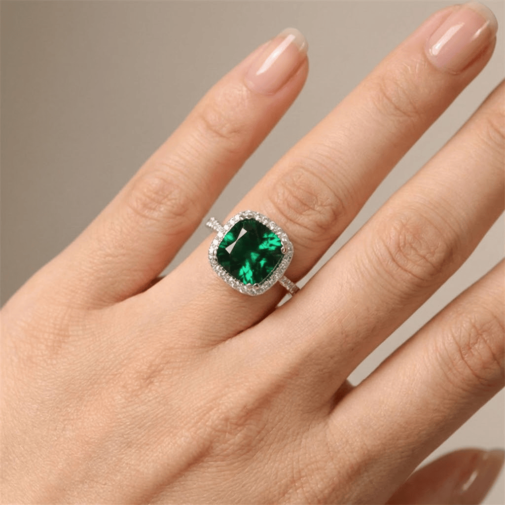 Green Emerald Cushion Halo Ring