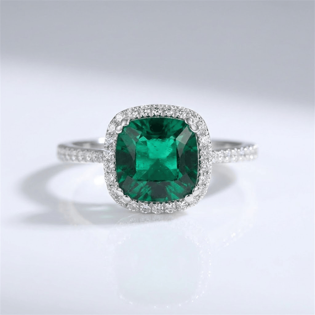 Green Emerald Cushion Halo Ring