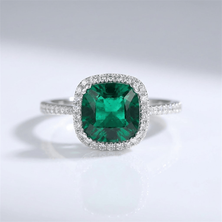 Green Emerald Cushion Halo Ring