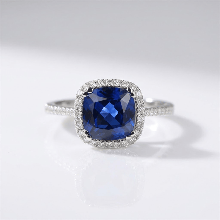 Blue Sapphire Cushion Halo Ring
