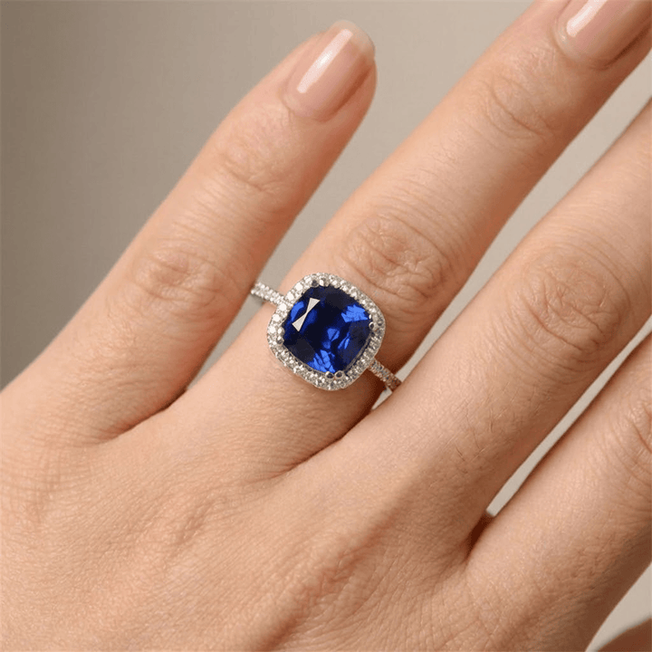 Blue Sapphire Cushion Halo Ring