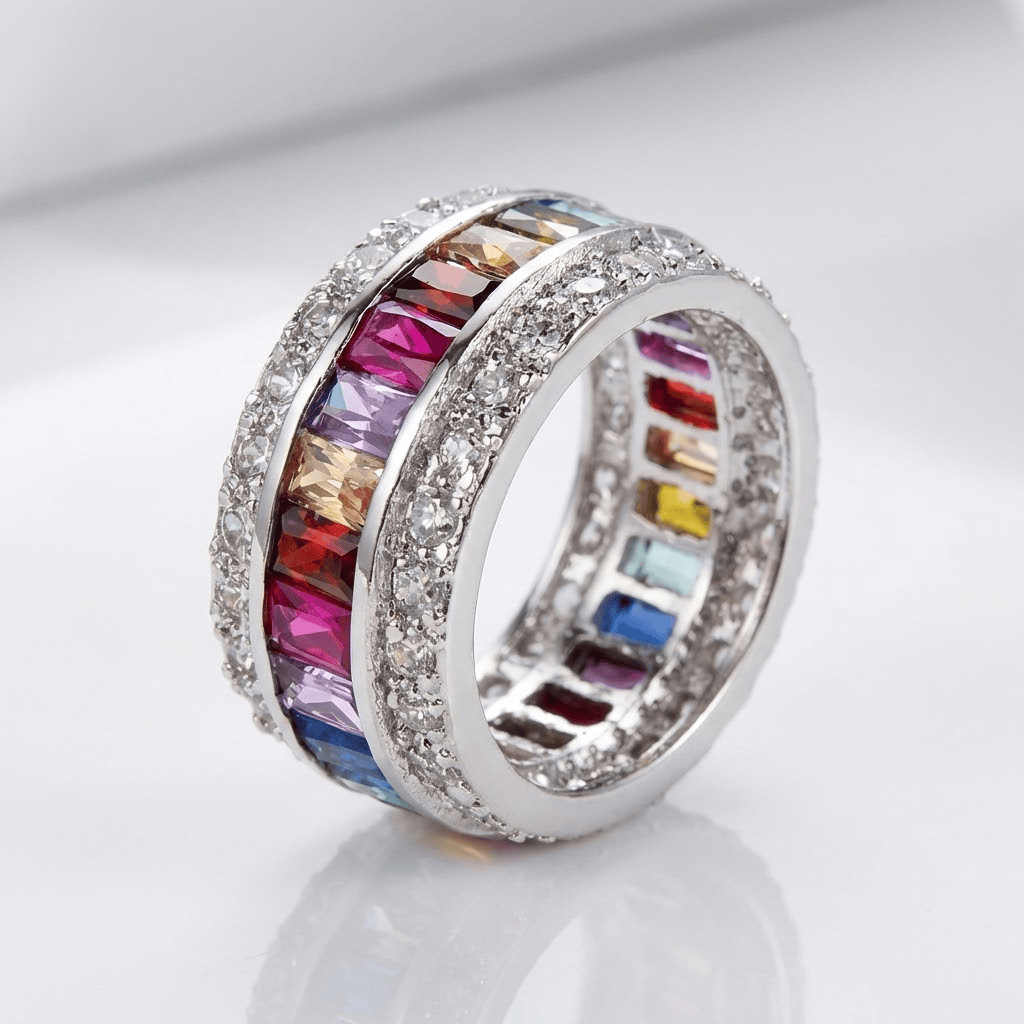 Silver Rainbow Gemstone Band Ring