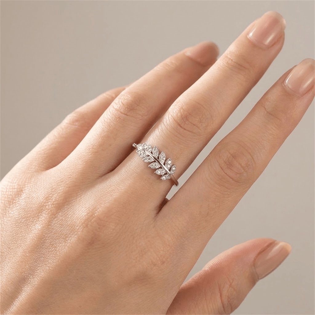Silver Feather Zirconia Ring - (Adjustable)