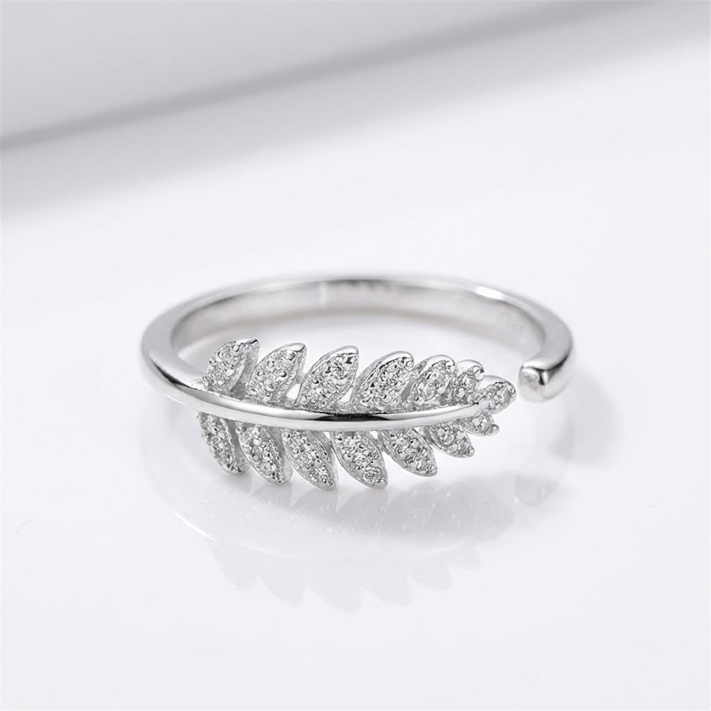 Silver Feather Zirconia Ring - (Adjustable)