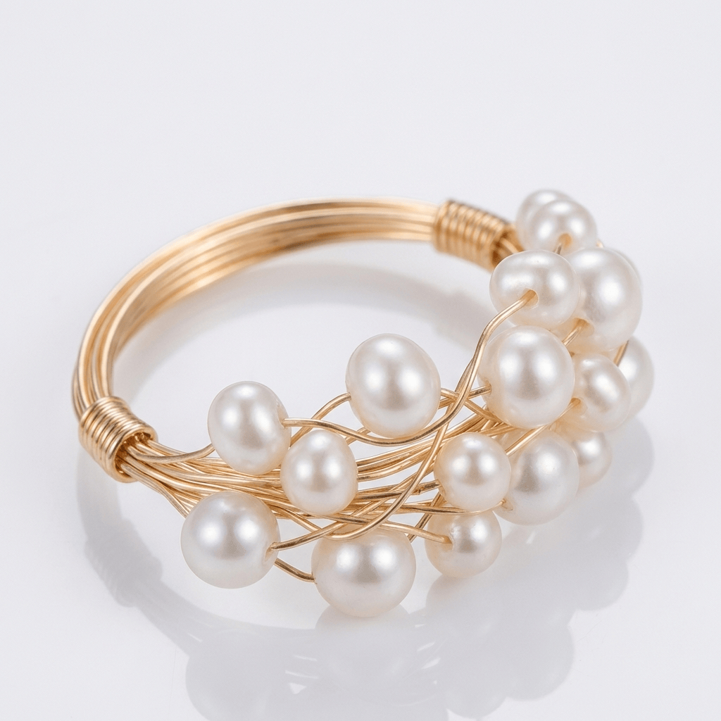 Gold Pearl Cluster Bangle Ring - (Adjustable)