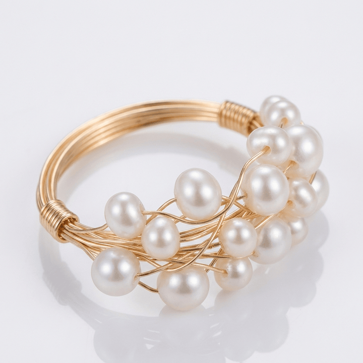 Gold Pearl Cluster Bangle Ring - (Adjustable)