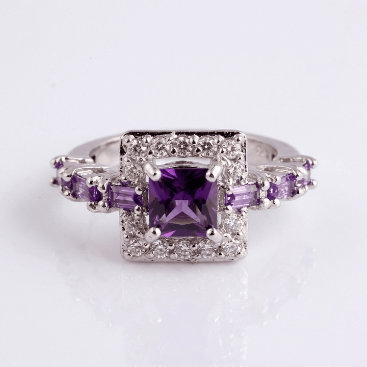 Silver Purple Gemstone Square Ring