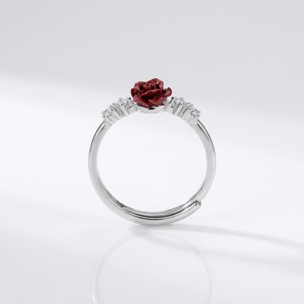 Silver Rose Diamond Ring - (Adjustable)