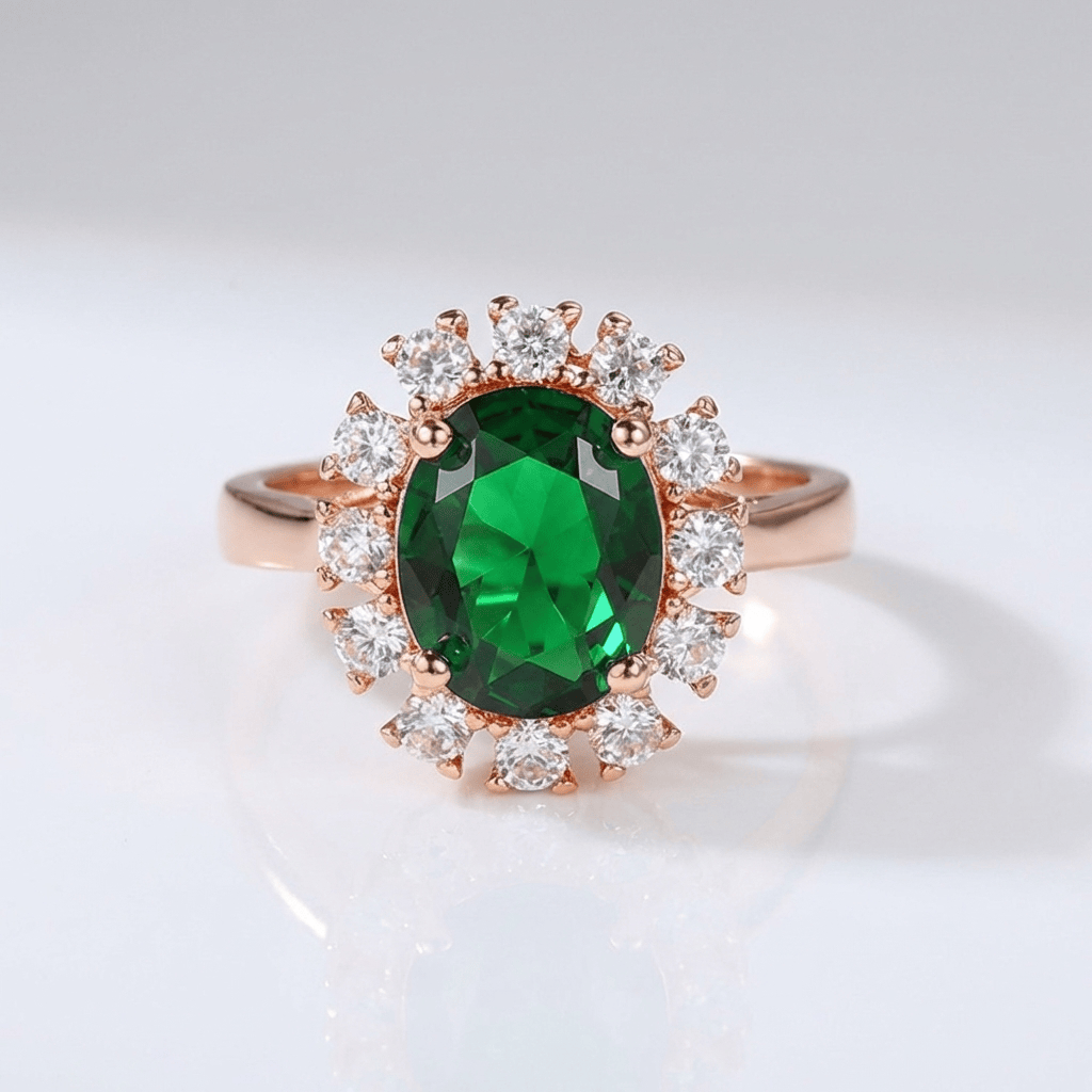Rose Gold Emerald Diamond Halo Ring - (Adjustable)