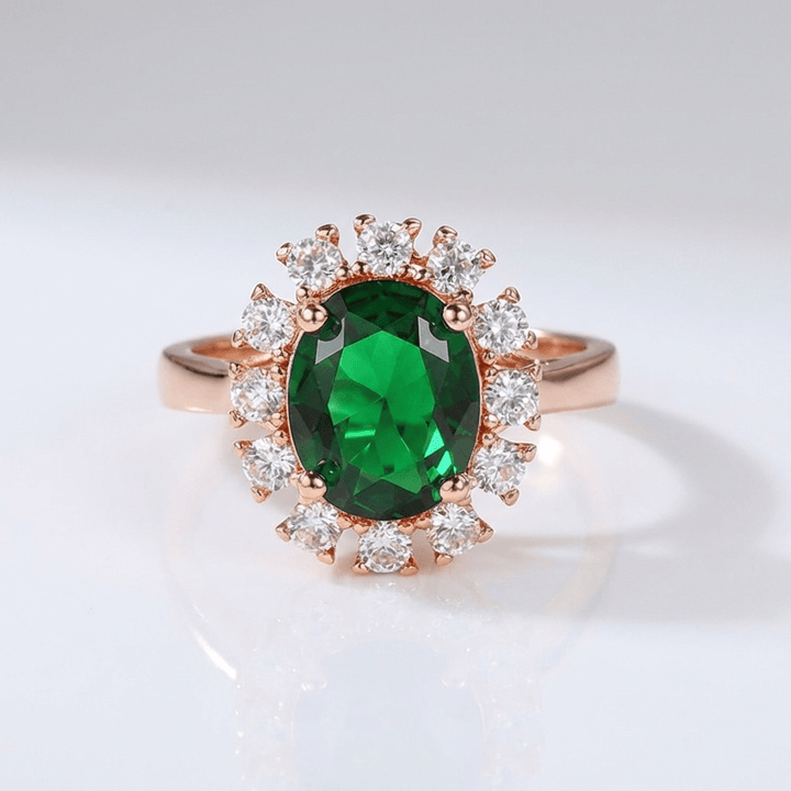 Rose Gold Emerald Diamond Halo Ring - (Adjustable)
