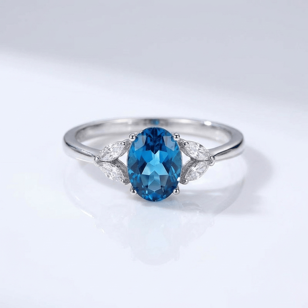 Silver Blue Topaz Oval Ring - (Adjustable)