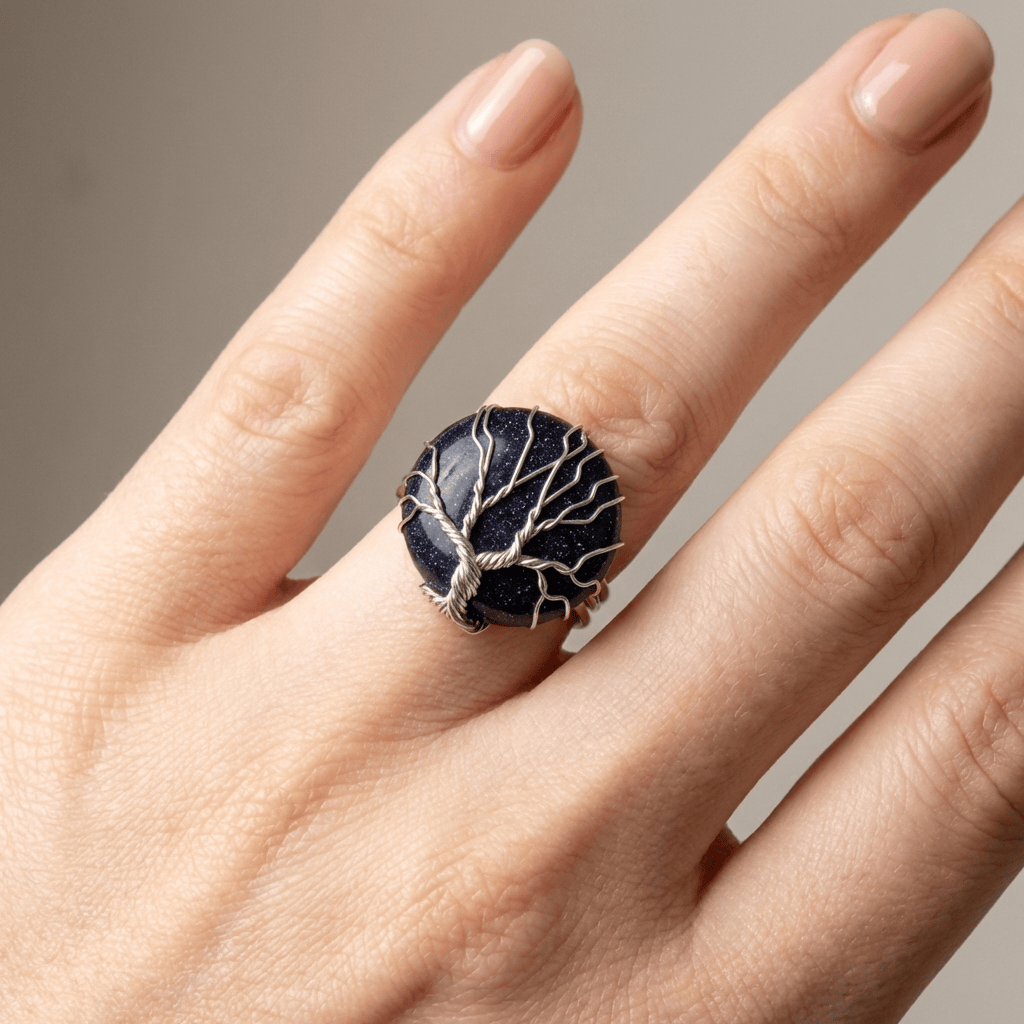 Tree Of Life Blue Sandstone Silver Ring - (Adjustable)