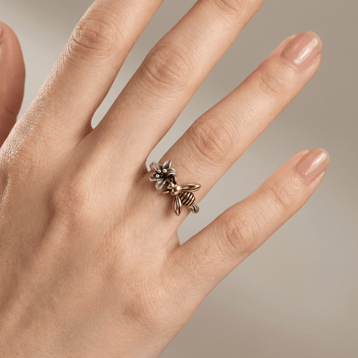 Honey Bee &amp; Flower Silver Ring - (Adjustable)