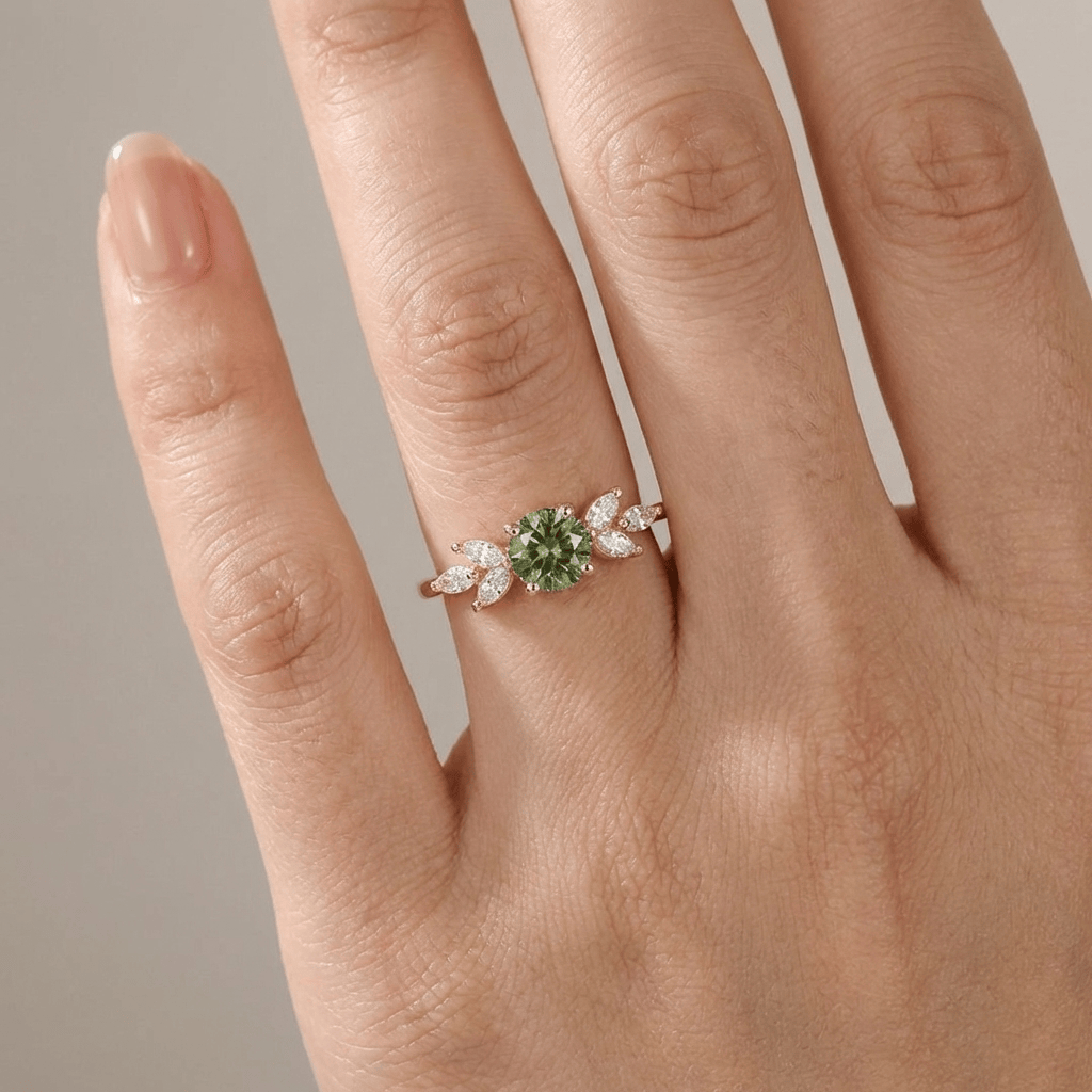 Green Peridot Gold Dainty Leaf Ring