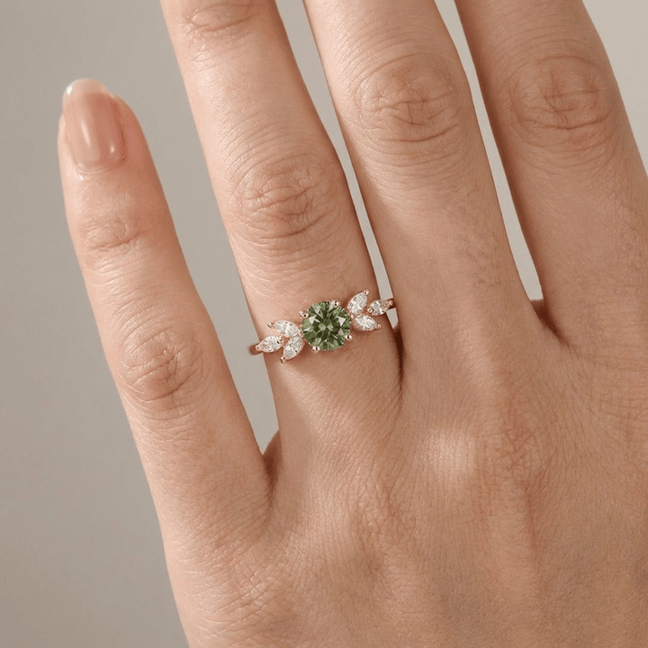 Green Peridot Gold Dainty Leaf Ring
