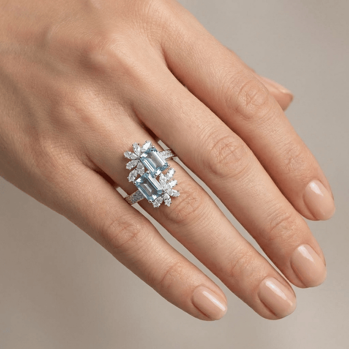 Aquamarine Crystal Silver Ring - (Adjustable)