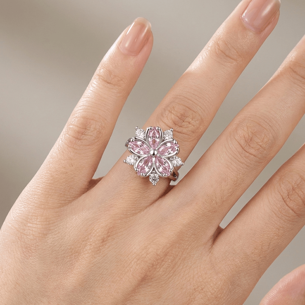 Pink Cherry Blossom Crystal Silver Ring - (Adjustable)