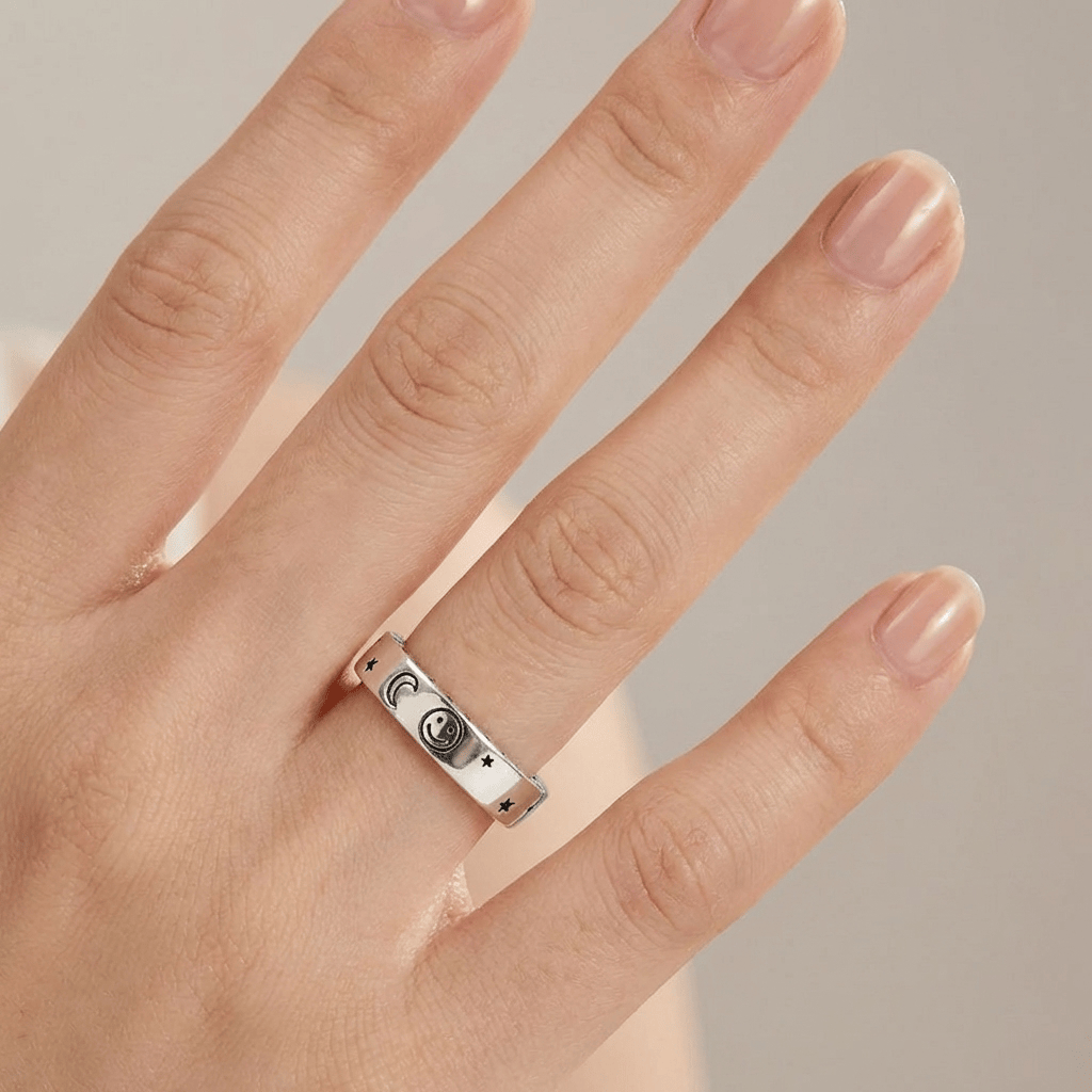 Happy Moon &amp; Stars Silver Band Ring - (Adjustable)