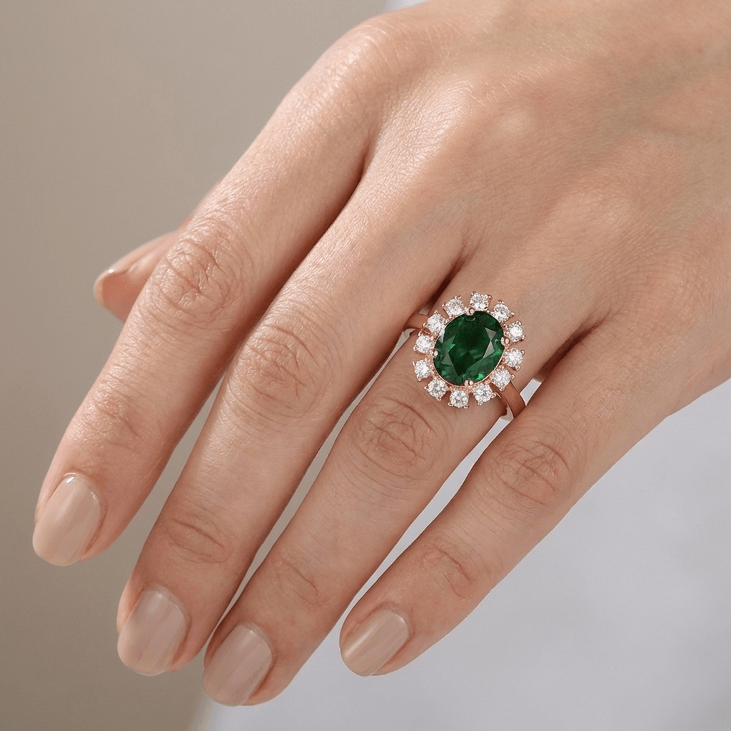 Rose Gold Emerald Diamond Halo Ring - (Adjustable)
