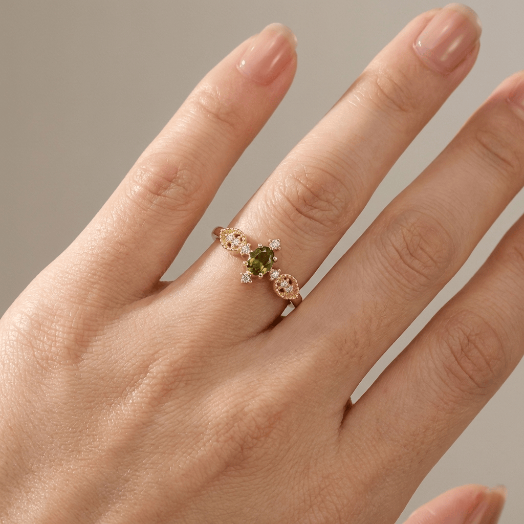 Olive Green Crystal Dainty Gold Ring - (Adjustable)