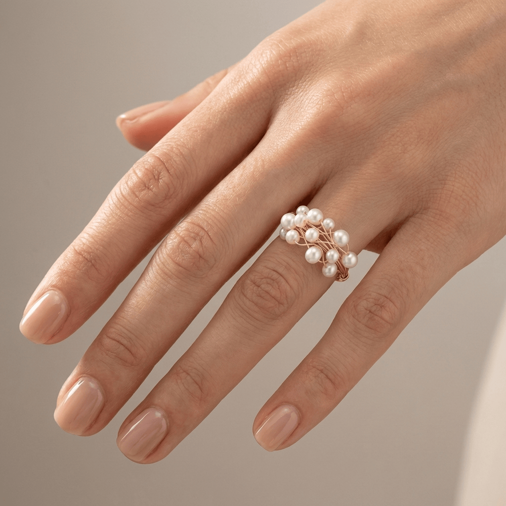 Gold Pearl Cluster Bangle Ring - (Adjustable)