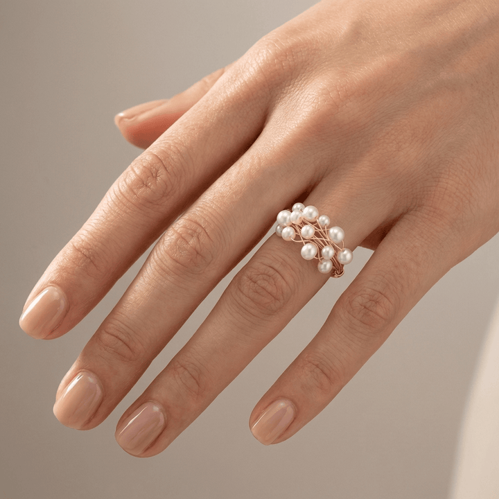 Gold Pearl Cluster Bangle Ring - (Adjustable)