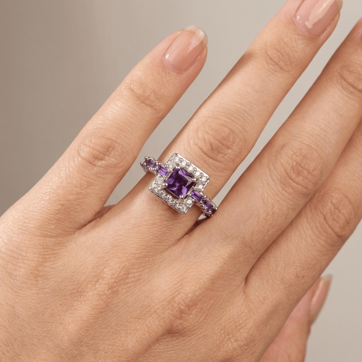 Silver Purple Gemstone Square Ring