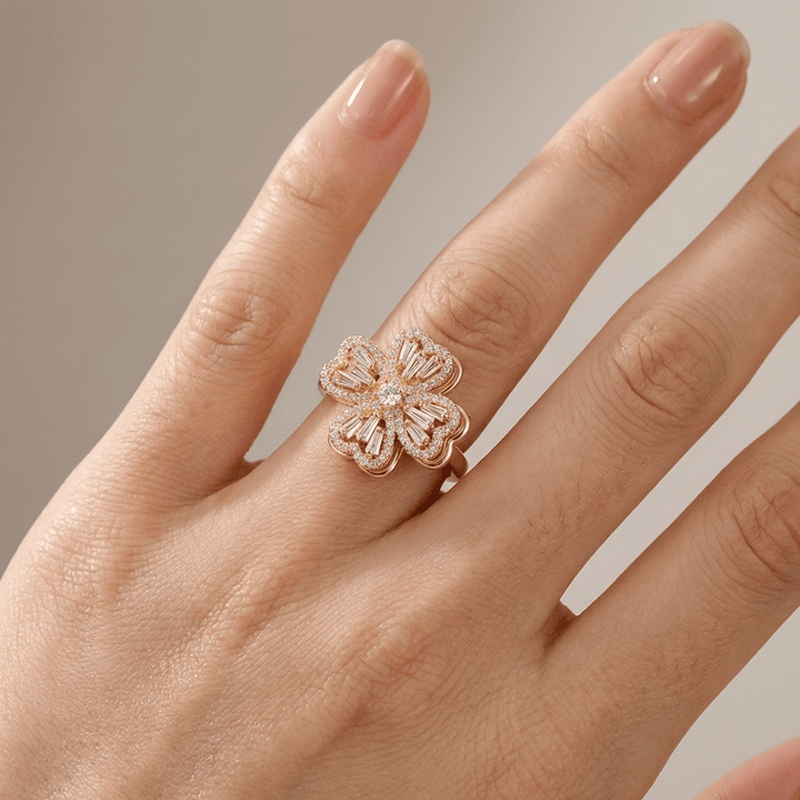 Baguette Zirconia Rotating Flower Ring - (Adjustable)