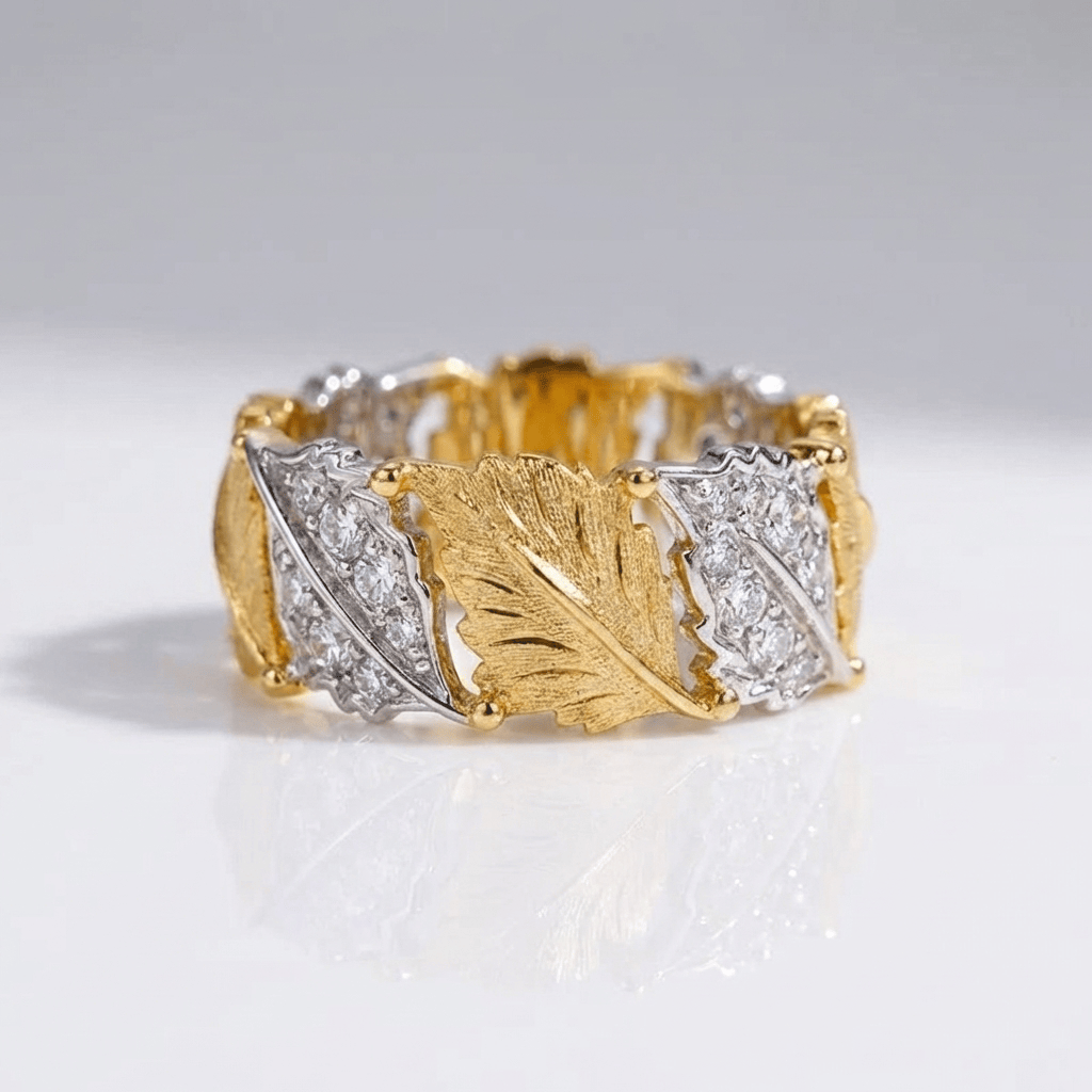 Gold Silver Leaf Pave Ring - (Adjustable)