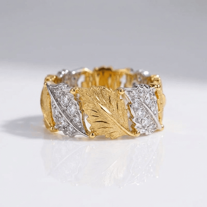 Gold Silver Leaf Pave Ring - (Adjustable)