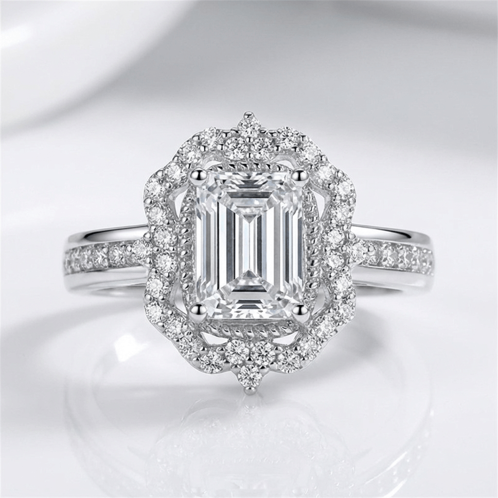 Rectangle Diamond Halo Ring