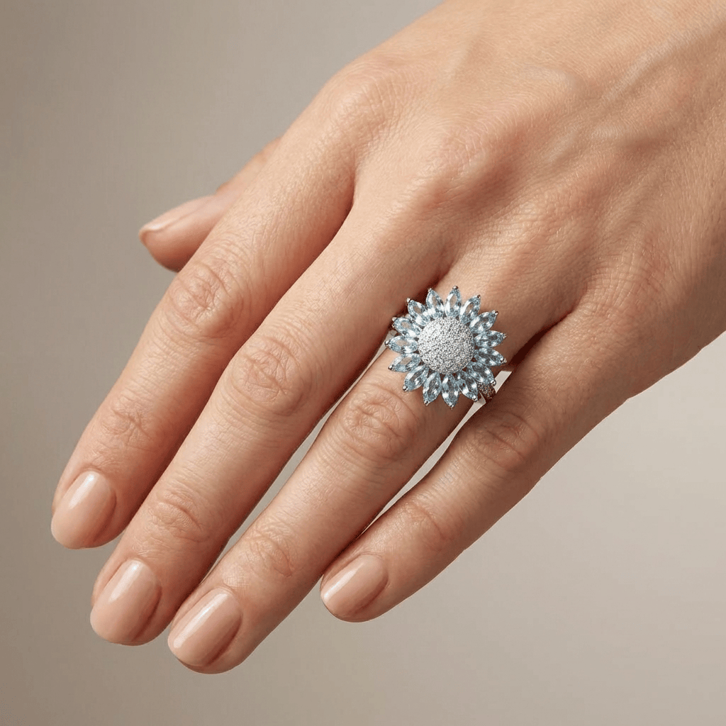 Silver Blue Topaz Flower Ring