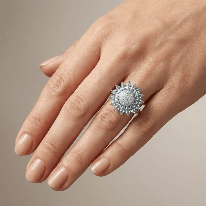 Silver Blue Topaz Flower Ring