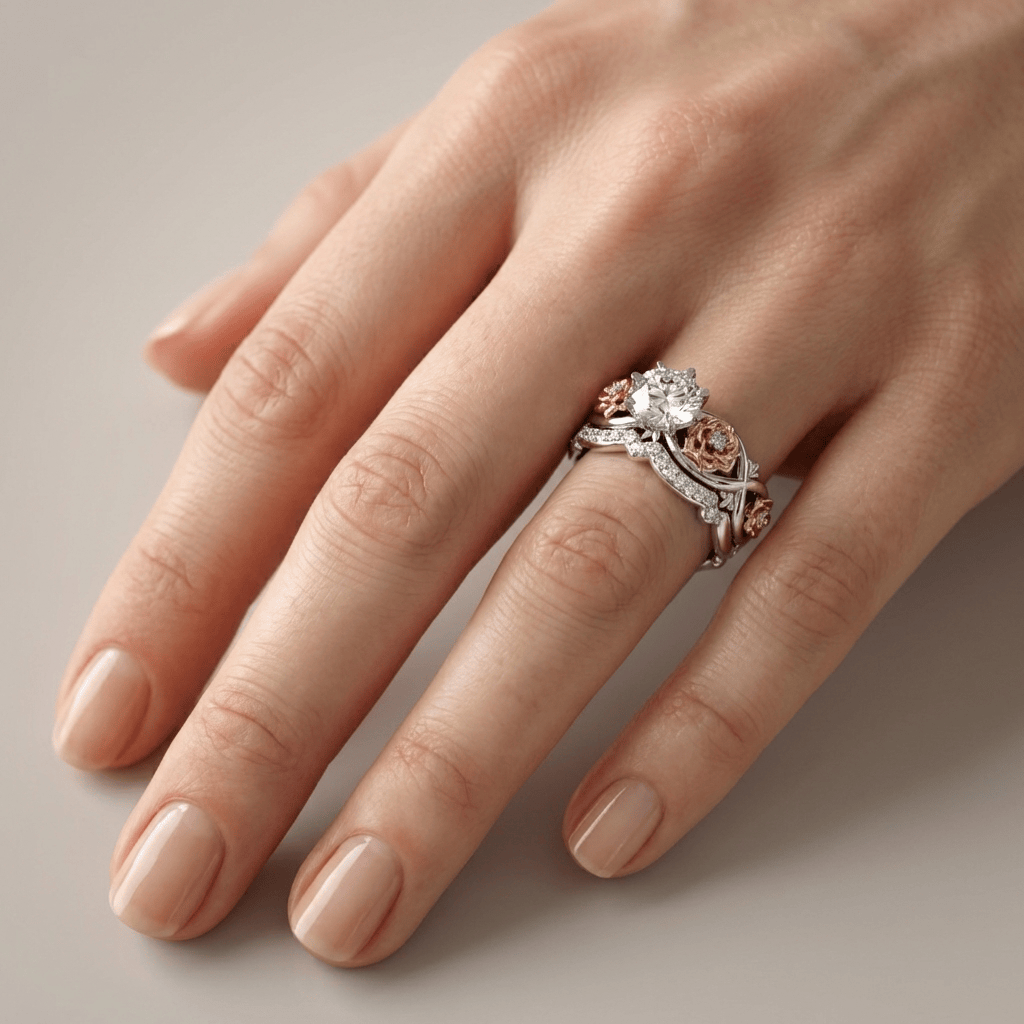 Silver Rose Gold Diamond Floral Ring