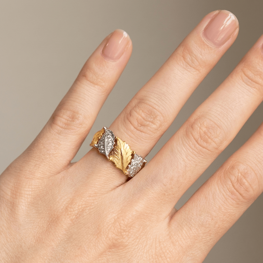 Gold Silver Leaf Pave Ring - (Adjustable)