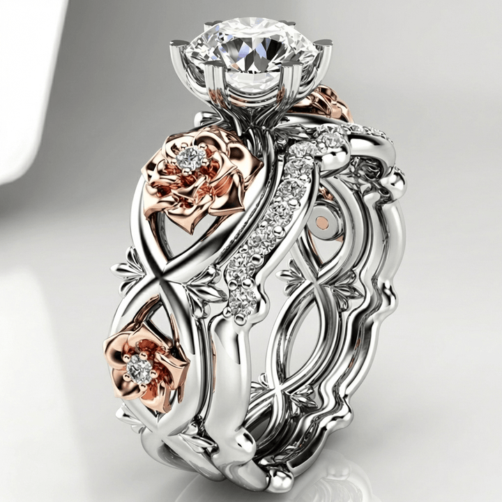 Silver Rose Gold Diamond Floral Ring