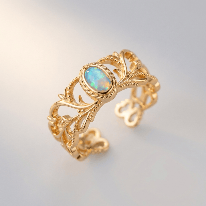 Rose Gold Opal Celestial Wings Ring - (Adjustable)