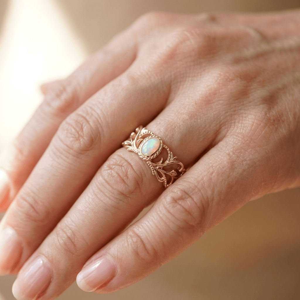 Rose Gold Opal Celestial Wings Ring - (Adjustable)