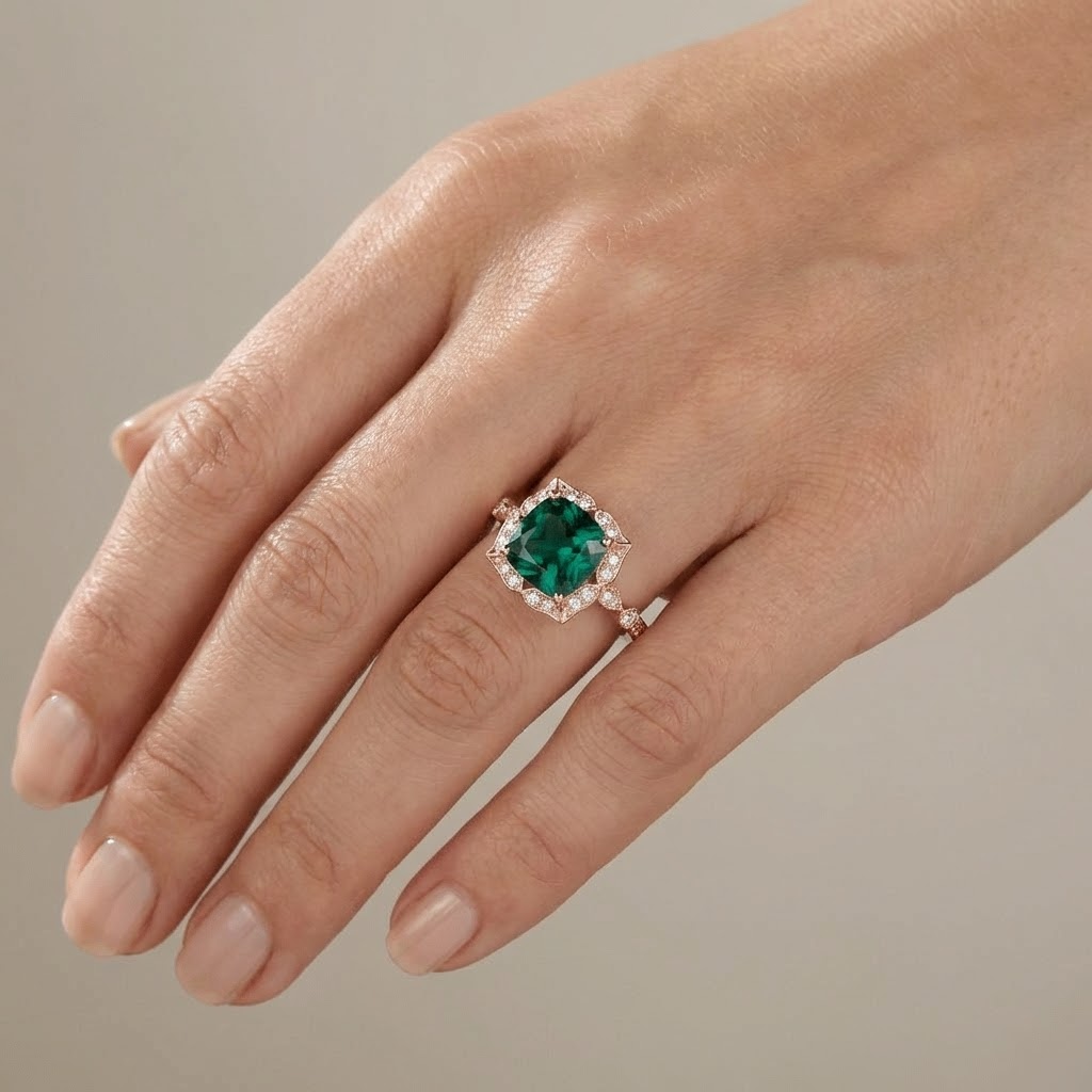 Emerald Rose Gold Halo Ring
