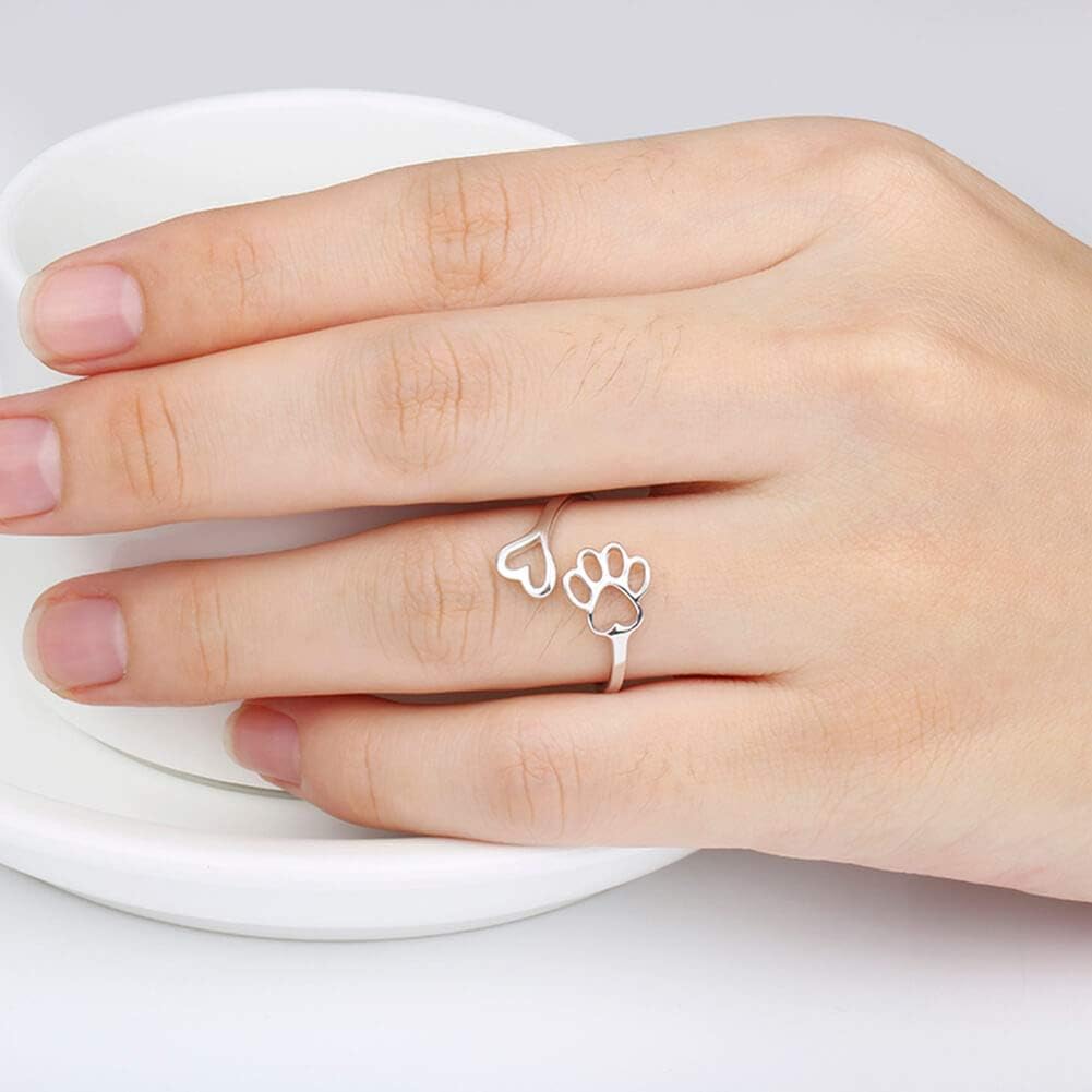 Handcrafted Paw &amp; Heart Ring – Adjustable 925 Sterling Silver
