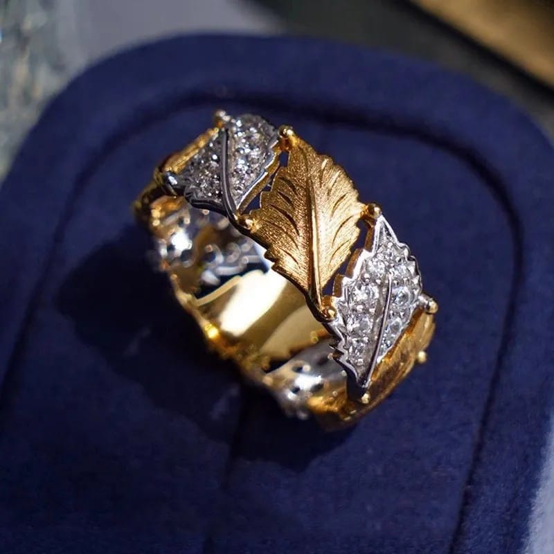 Gold Silver Leaf Pave Ring - (Adjustable)